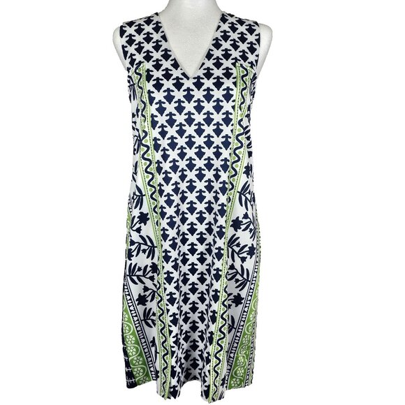 Gretchen Scott Two Timer V Neck Sleeveless Sheath Dress Sz Small Navy And Green - Picture 1 of 7